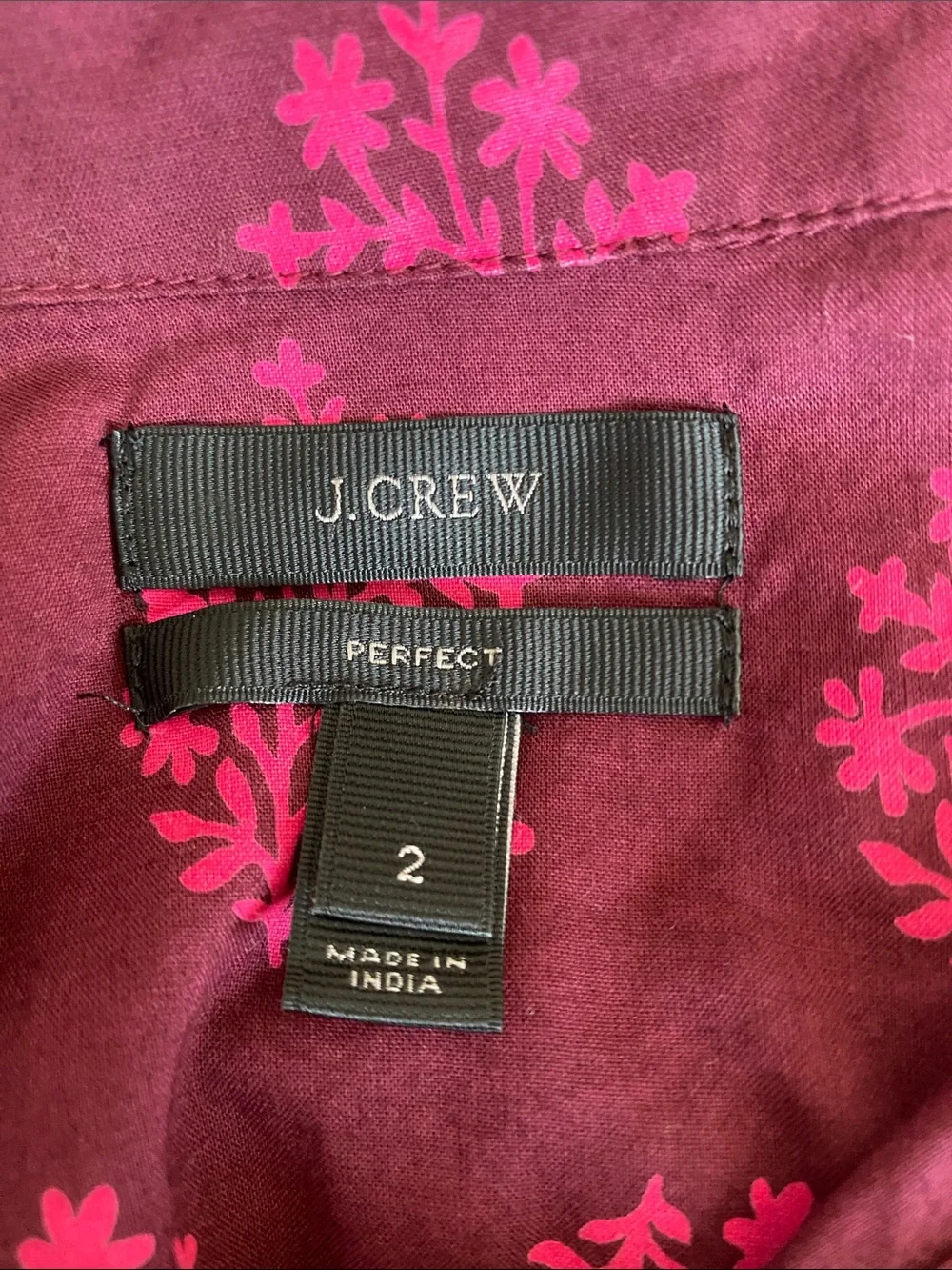 J. Crew Perfect-Fit Women’s Cotton Shirt, Plum with Fuchsia Floral Print Size 2